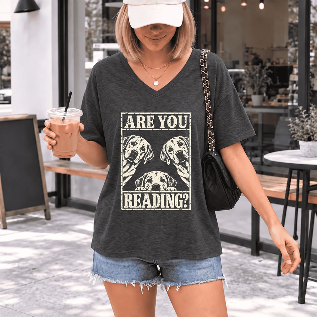 ARE YOU READING Labrador Retriever Ultra-Soft V-Neck | Dog Mom Reader Gift Dark Grey Heather
