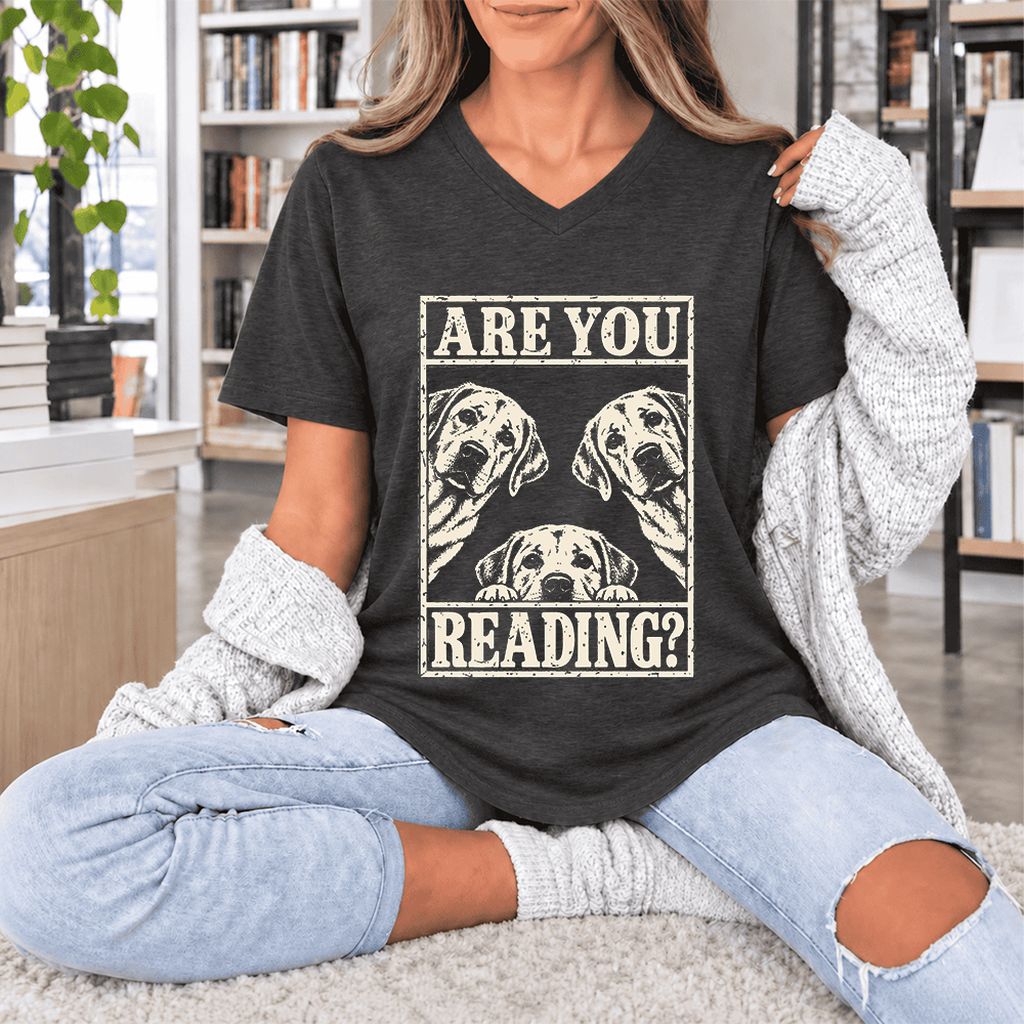 ARE YOU READING Labrador Retriever Ultra-Soft V-Neck | Dog Mom Reader Gift Dark Grey Heather