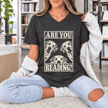 ARE YOU READING Labrador Retriever Ultra-Soft V-Neck | Dog Mom Reader Gift Dark Grey Heather