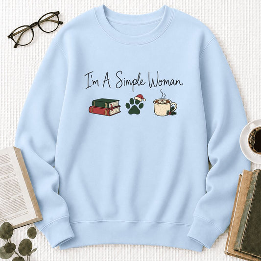 I'm A Simple Woman Crewneck Sweatshirt | Christmas Book Lover Gift Light Blue
