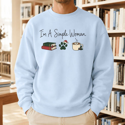 I'm A Simple Woman Printed Sweatshirt | Christmas Book Lover Gift Light Blue