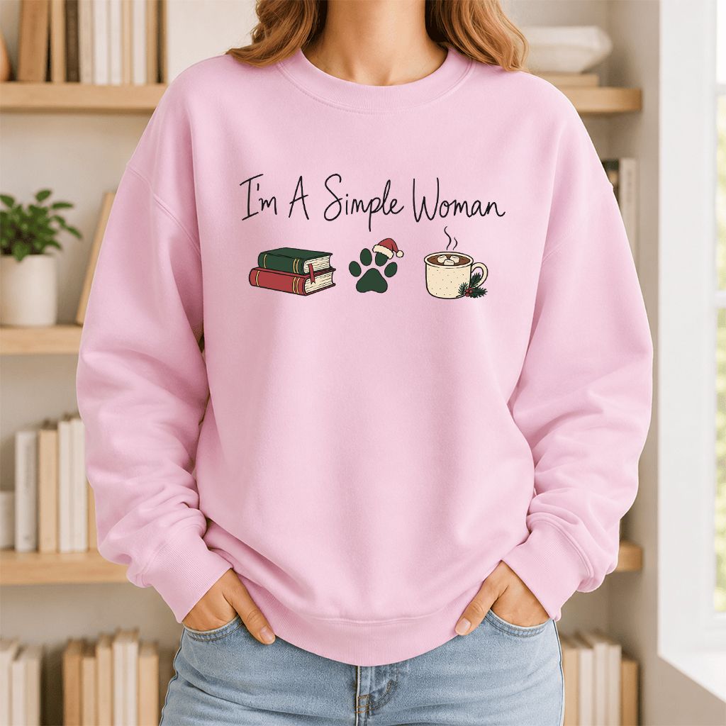 I'm A Simple Woman Printed Sweatshirt | Christmas Book Lover Gift Light Pink