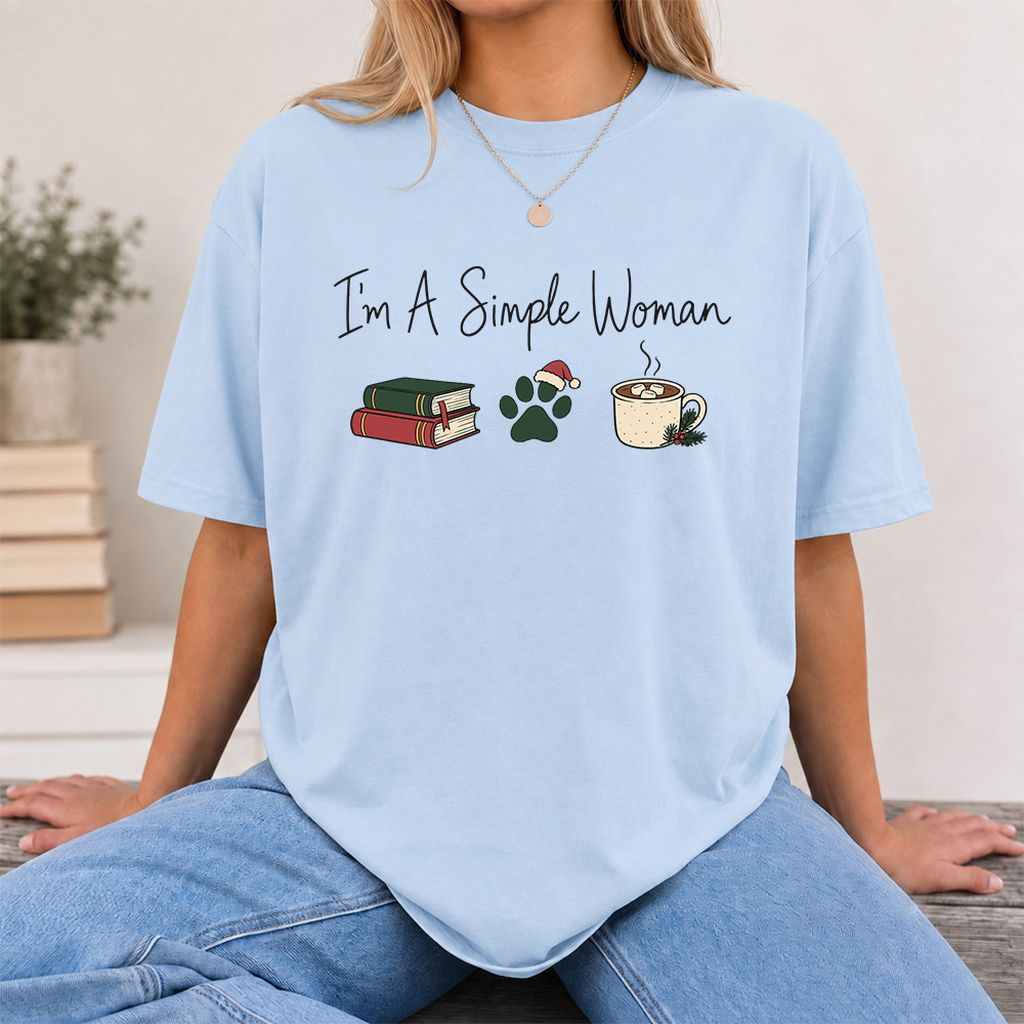 I'm A Simple Woman Printed T-Shirt | Christmas Book Lover Gift Light Blue