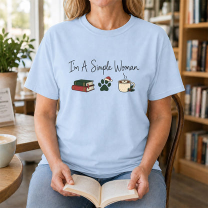 I'm A Simple Woman Printed T-Shirt | Christmas Book Lover Gift Light Blue