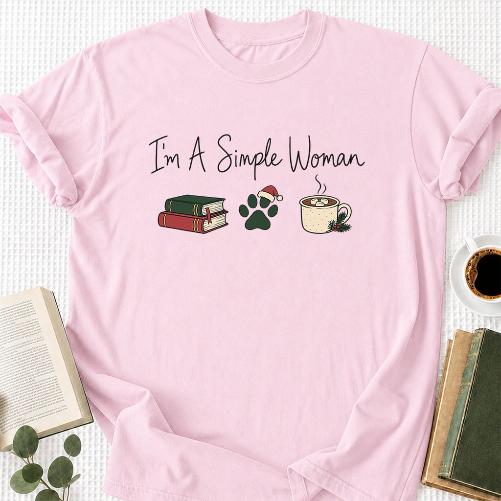 I'm A Simple Woman Printed T-Shirt | Christmas Book Lover Gift Light Pink