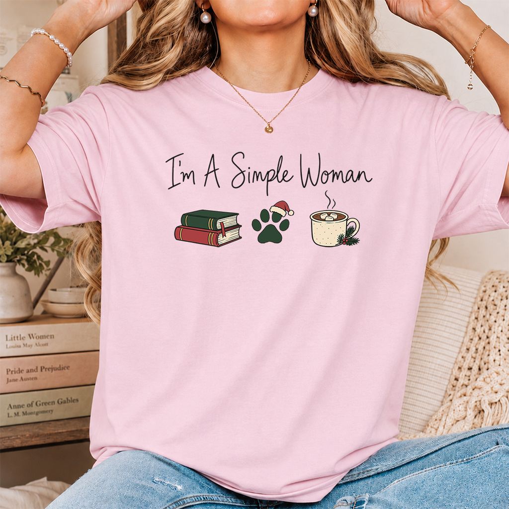 I'm A Simple Woman Printed T-Shirt | Christmas Book Lover Gift Light Pink