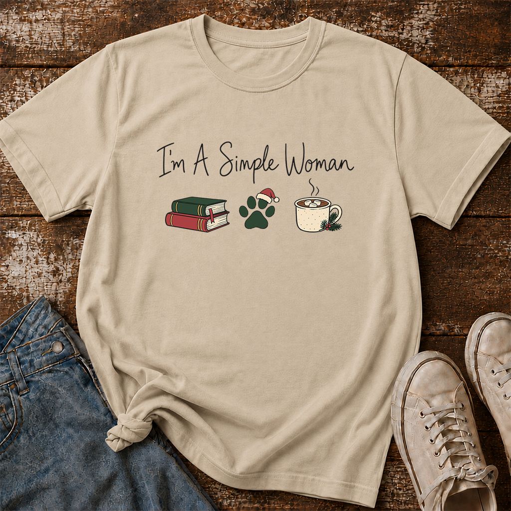 I'm A Simple Woman Printed T-Shirt | Christmas Book Lover Gift Sand