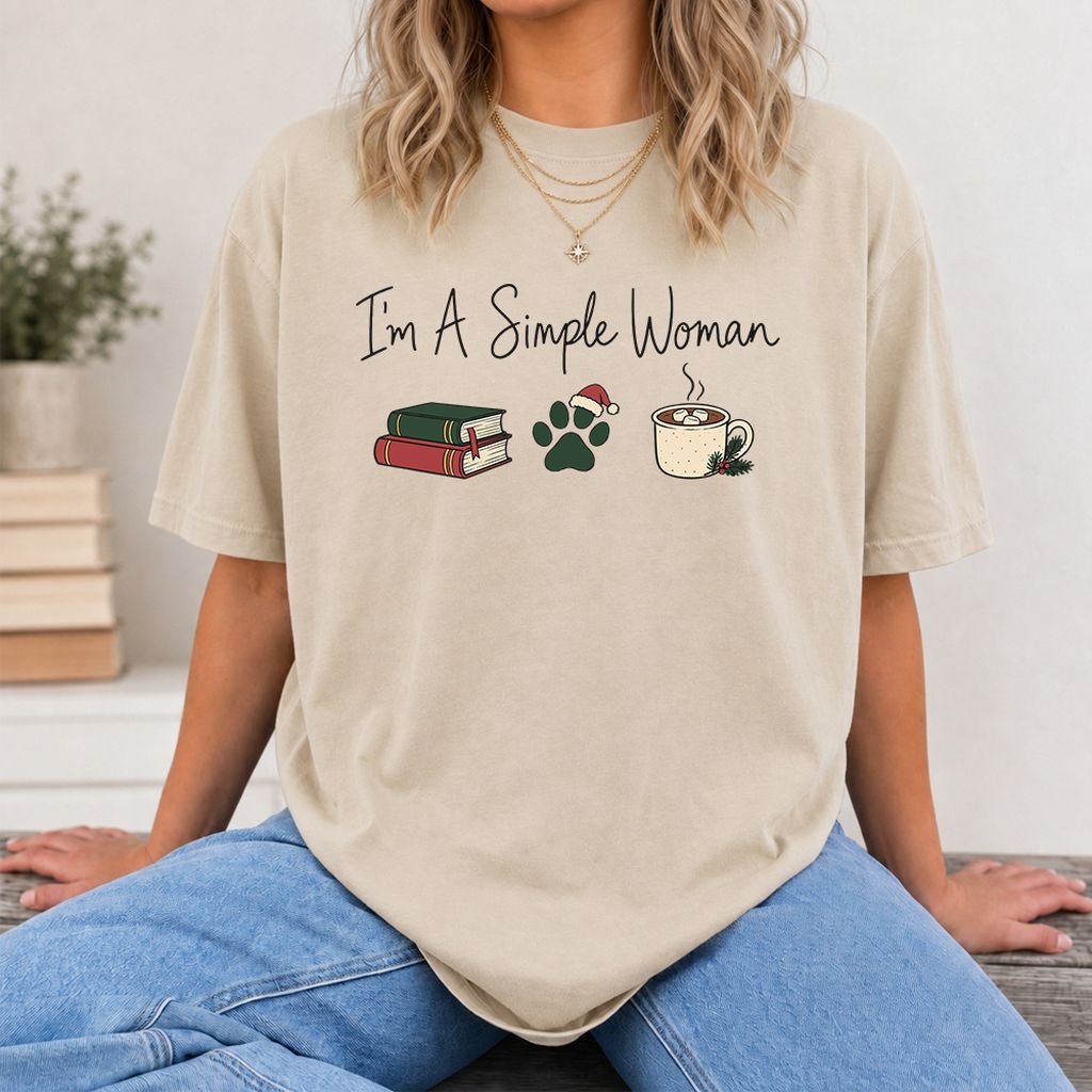 I'm A Simple Woman Printed T-Shirt | Christmas Book Lover Gift Sand