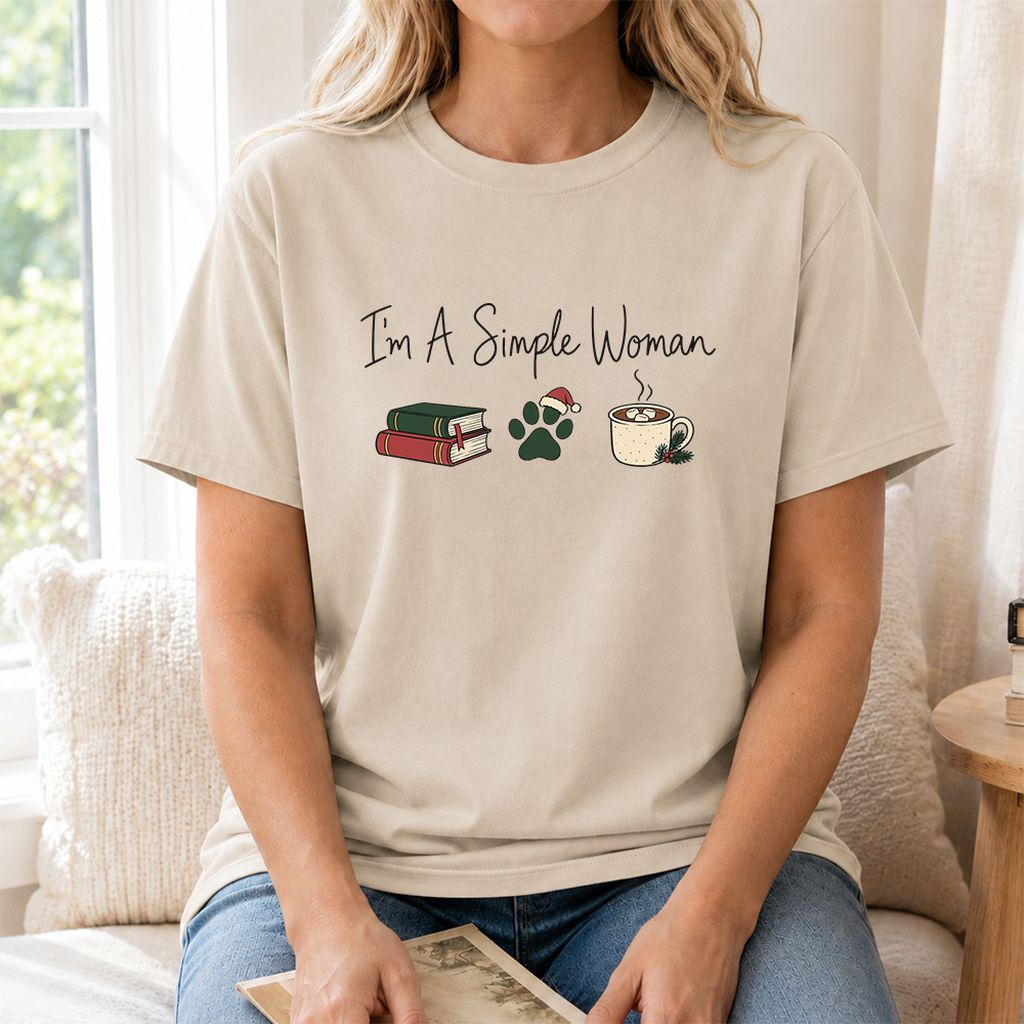 I'm A Simple Woman Printed T-Shirt | Christmas Book Lover Gift Sand