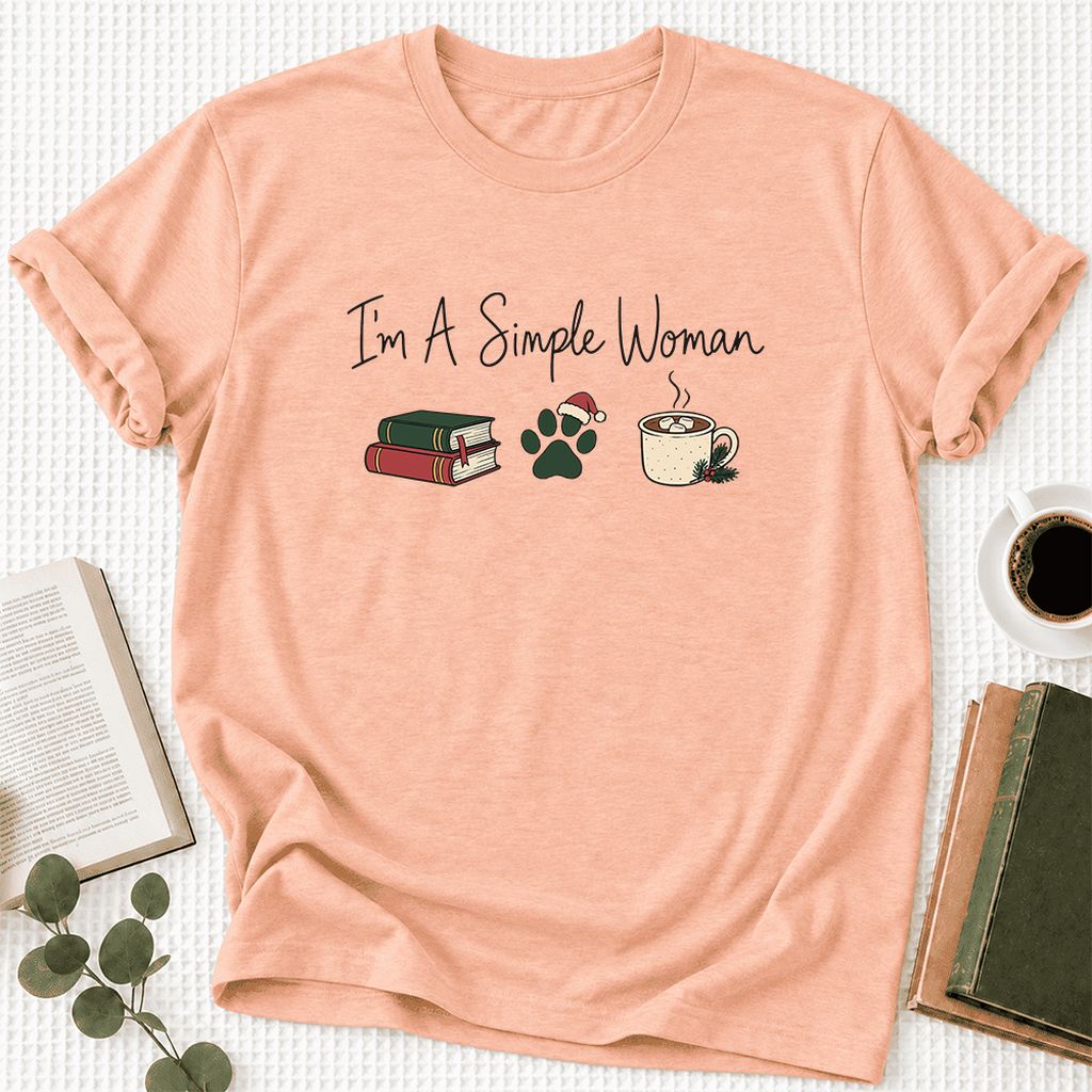 I'm A Simple Woman Ultra-Soft Cotton T-Shirt | Christmas Book Lover Gift Heather Peach