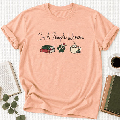 I'm A Simple Woman Ultra-Soft Cotton T-Shirt | Christmas Book Lover Gift Heather Peach