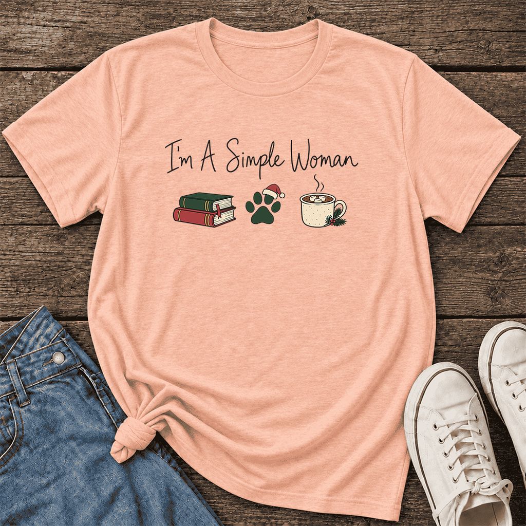 I'm A Simple Woman Ultra-Soft Cotton T-Shirt | Christmas Book Lover Gift Heather Peach