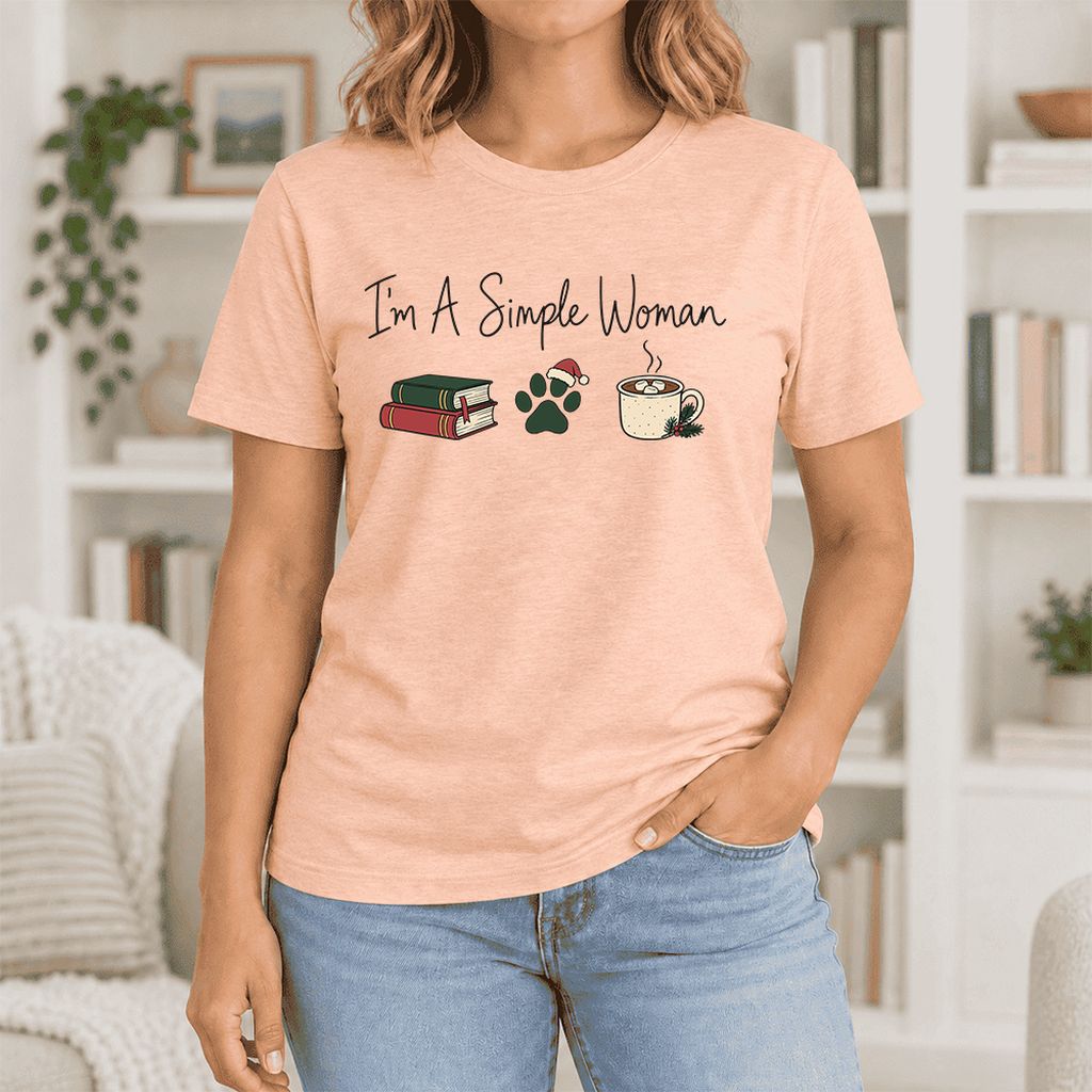 I'm A Simple Woman Ultra-Soft Cotton T-Shirt | Christmas Book Lover Gift Heather Peach