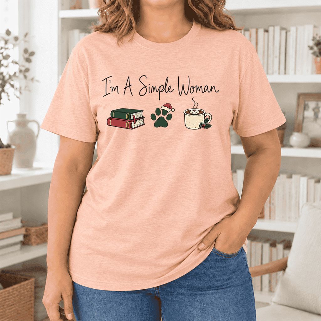 I'm A Simple Woman Ultra-Soft Cotton T-Shirt | Christmas Book Lover Gift Heather Peach