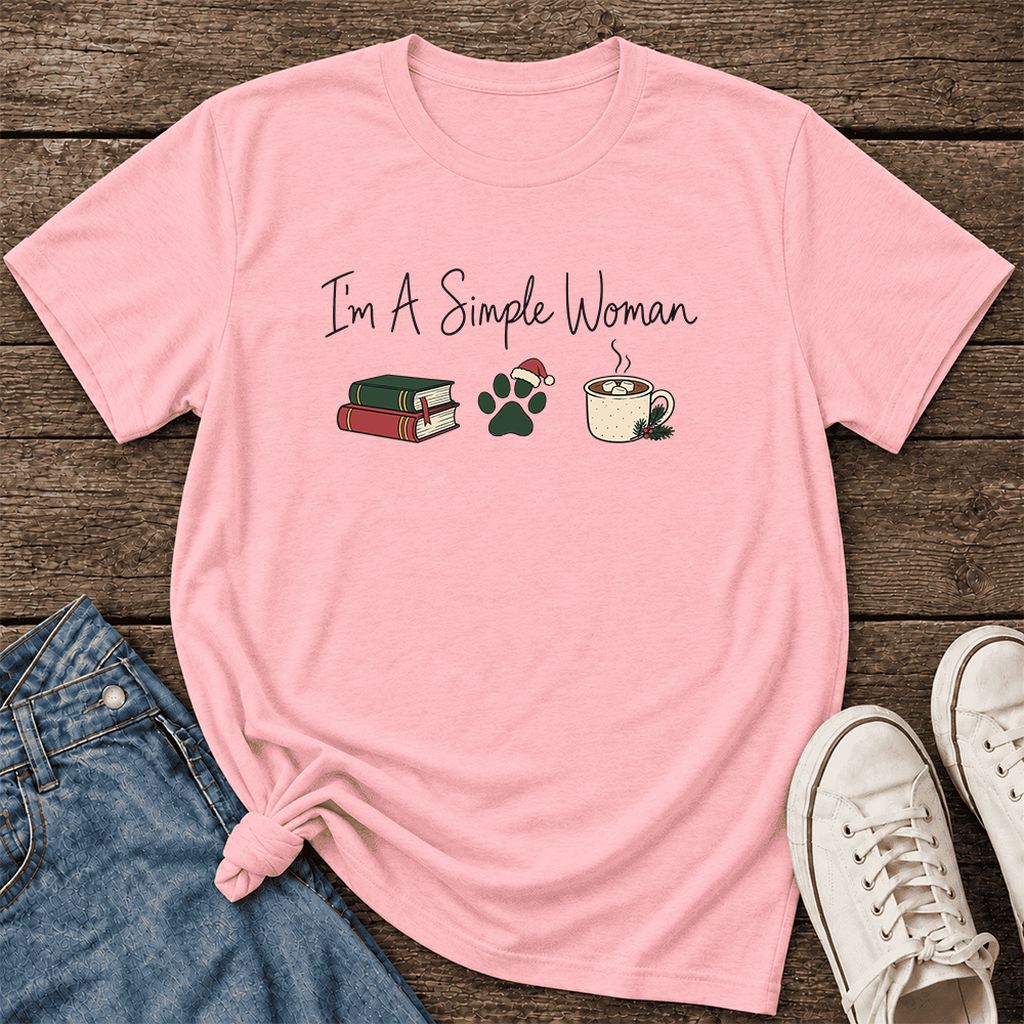 I'm A Simple Woman Ultra-Soft Cotton T-Shirt | Christmas Book Lover Gift Pink