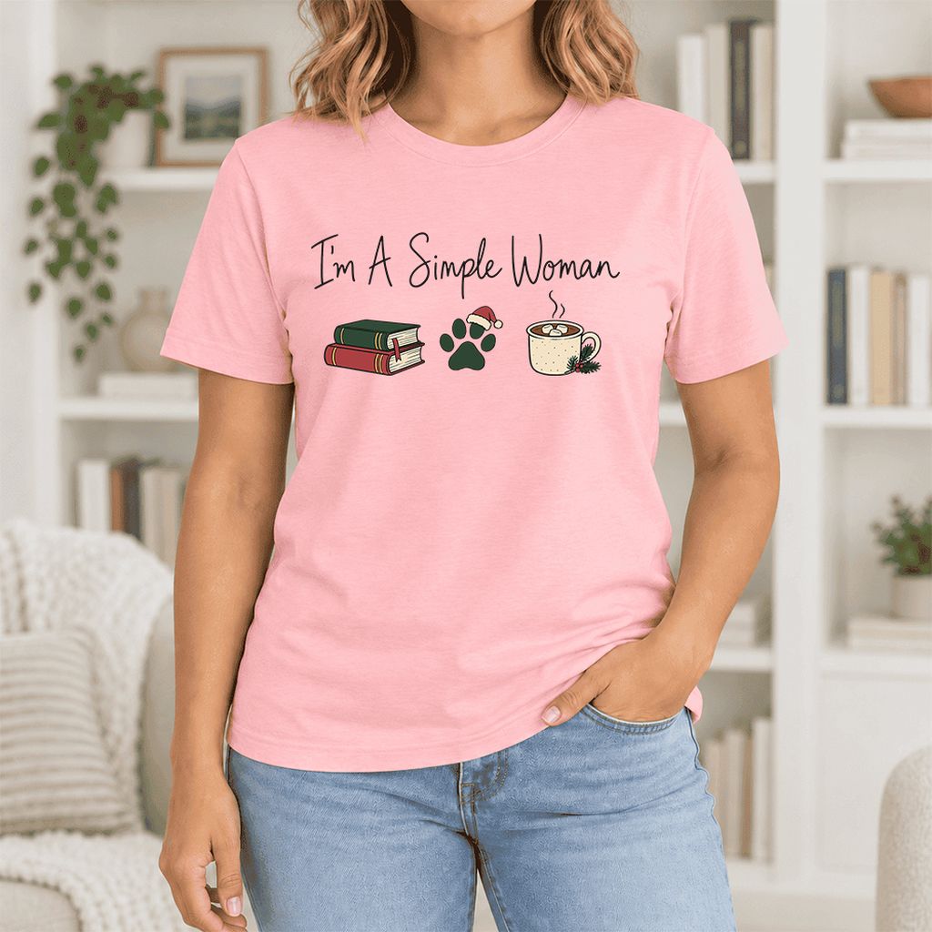 I'm A Simple Woman Ultra-Soft Cotton T-Shirt | Christmas Book Lover Gift Pink