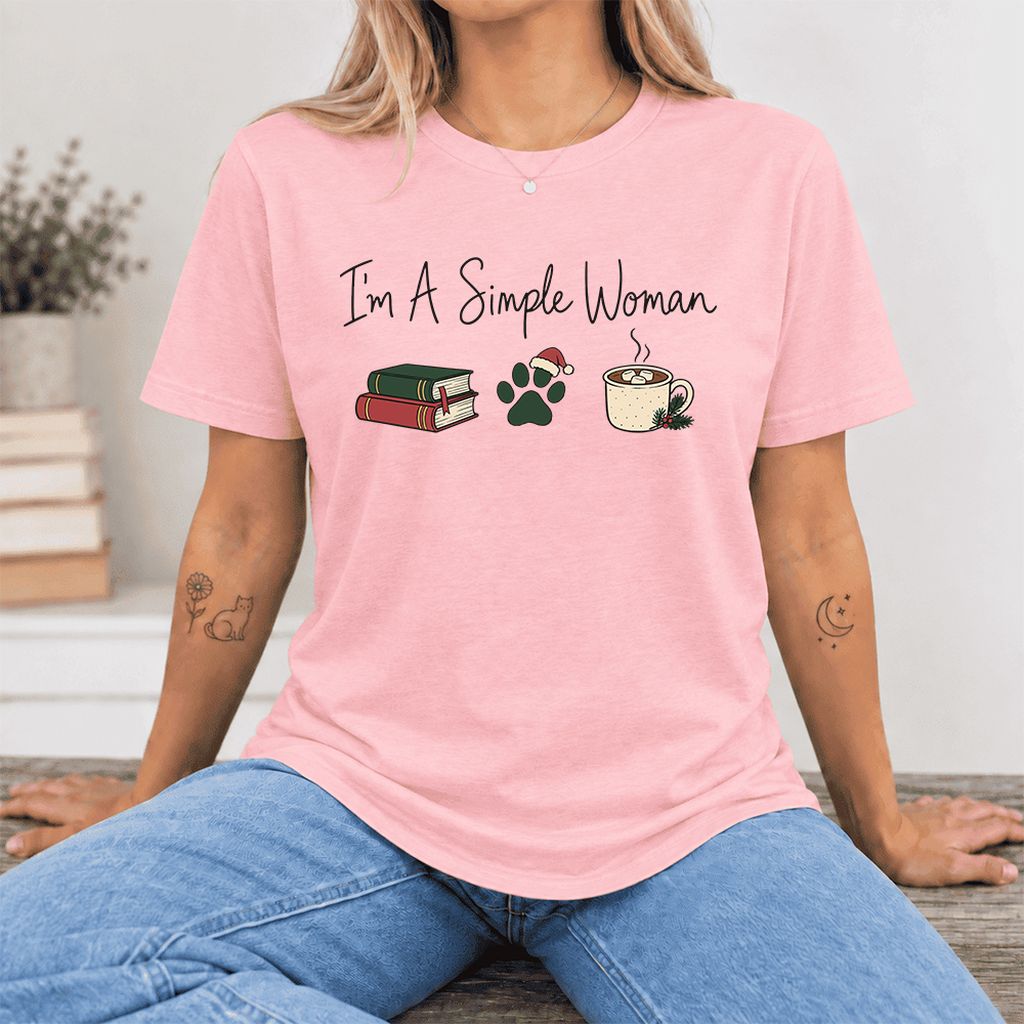 I'm A Simple Woman Ultra-Soft Cotton T-Shirt | Christmas Book Lover Gift Pink
