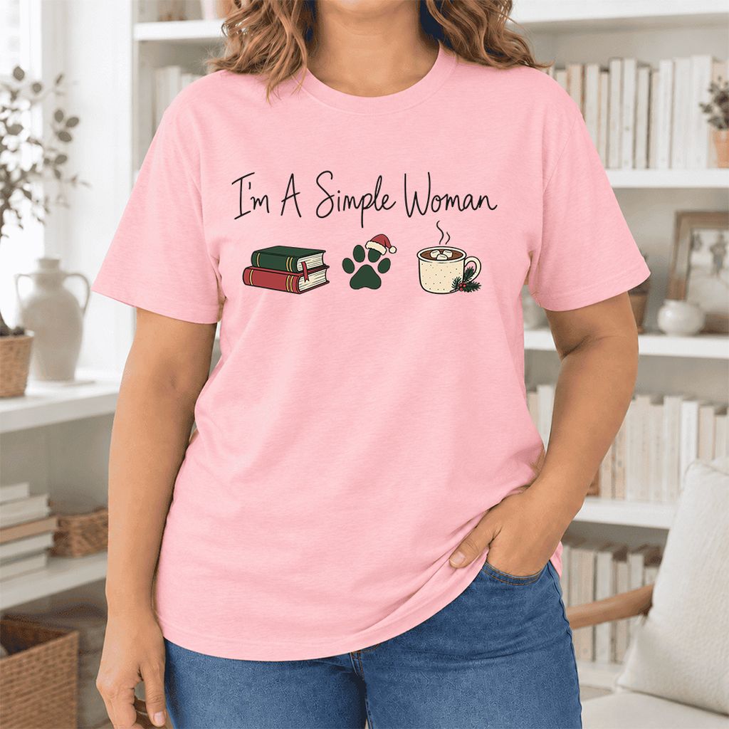 I'm A Simple Woman Ultra-Soft Cotton T-Shirt | Christmas Book Lover Gift Pink