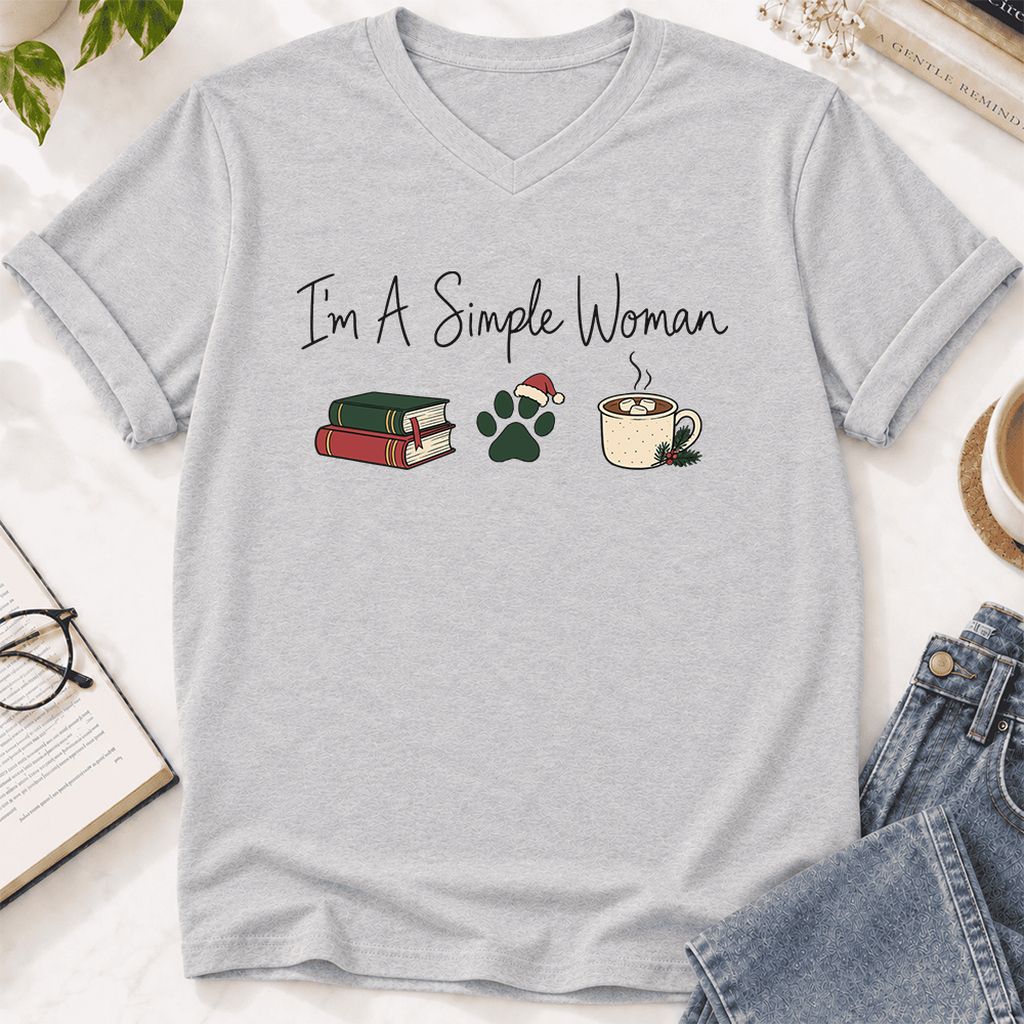I'm A Simple Woman Ultra-Soft V-Neck | Christmas Book Lover Gift Ash
