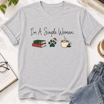 I'm A Simple Woman Ultra-Soft V-Neck | Christmas Book Lover Gift Ash