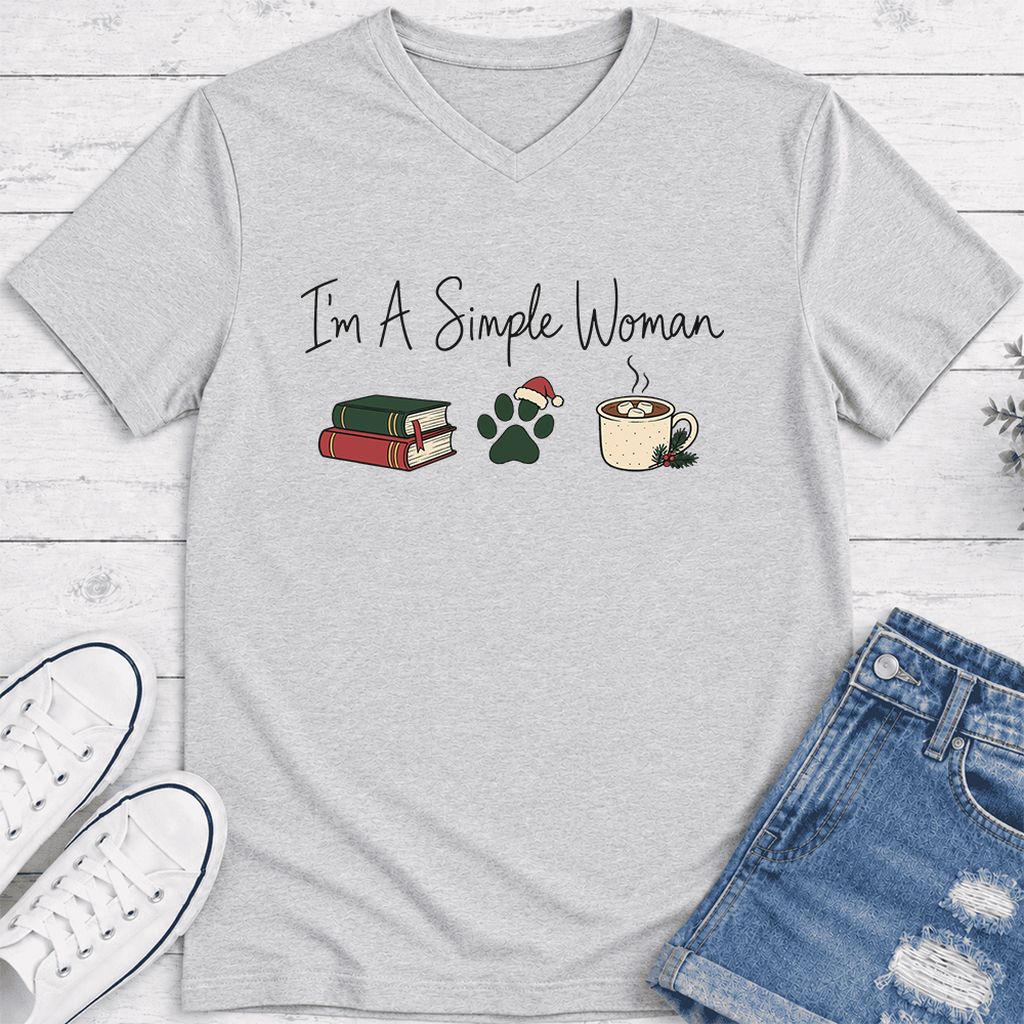 I'm A Simple Woman Ultra-Soft V-Neck | Christmas Book Lover Gift Ash