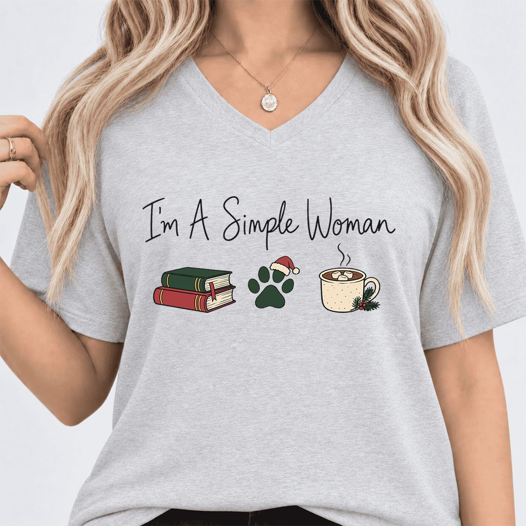I'm A Simple Woman Ultra-Soft V-Neck | Christmas Book Lover Gift Ash
