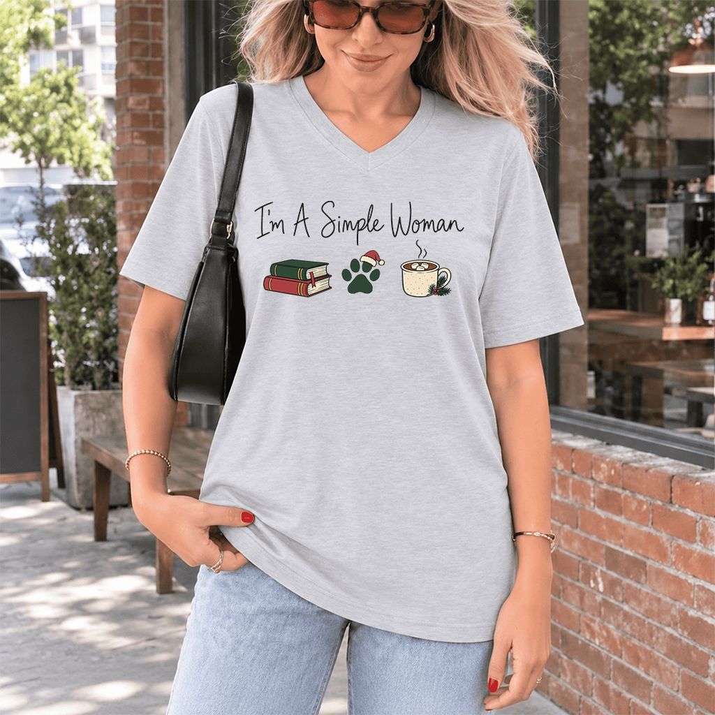 I'm A Simple Woman Ultra-Soft V-Neck | Christmas Book Lover Gift Ash