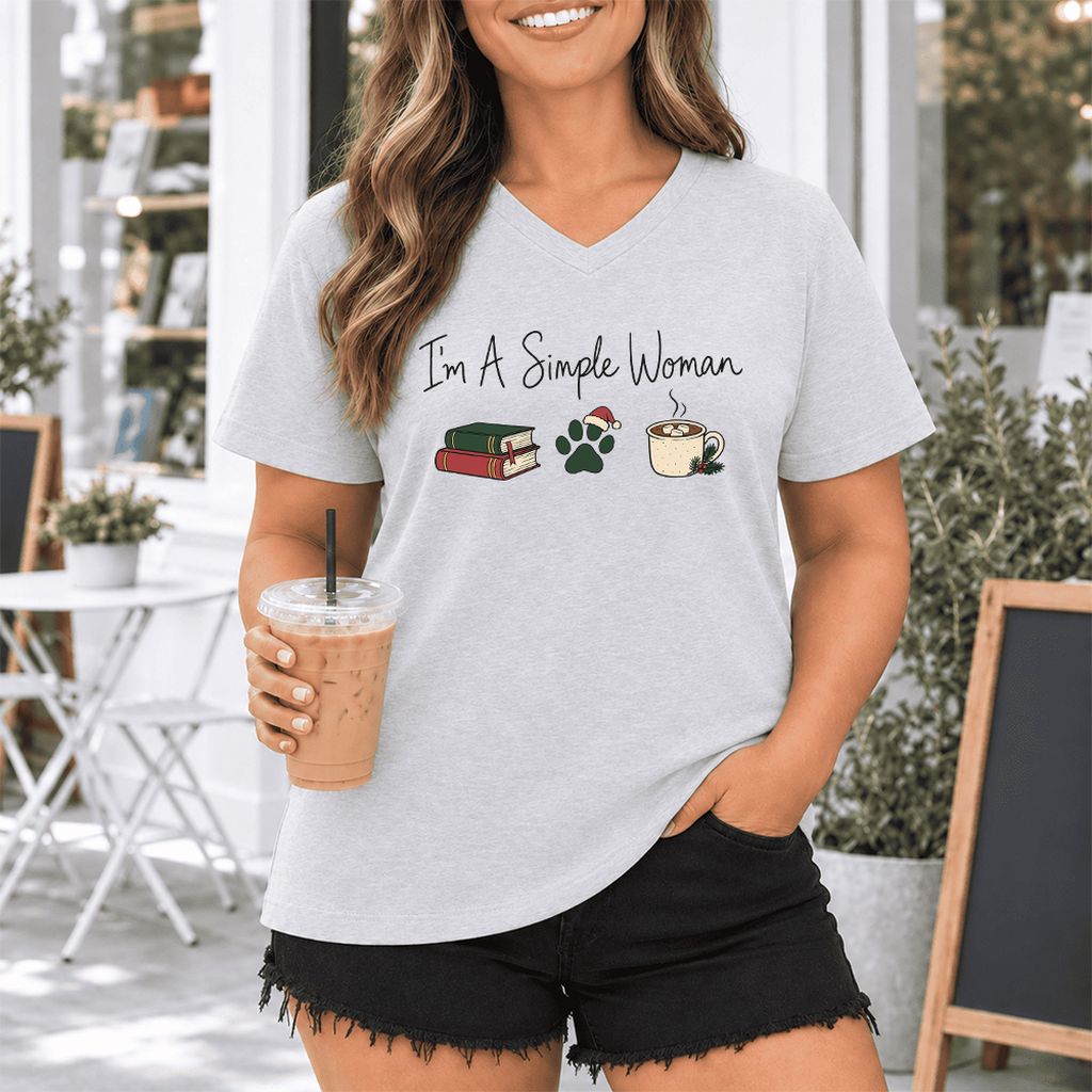 I'm A Simple Woman Ultra-Soft V-Neck | Christmas Book Lover Gift Ash