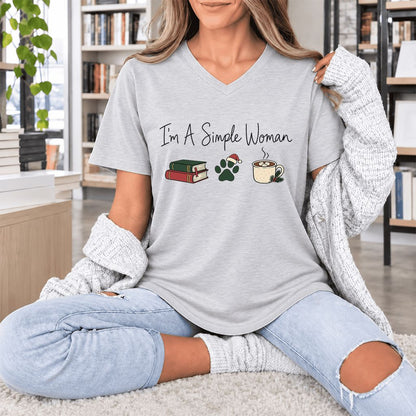 I'm A Simple Woman Ultra-Soft V-Neck | Christmas Book Lover Gift Ash