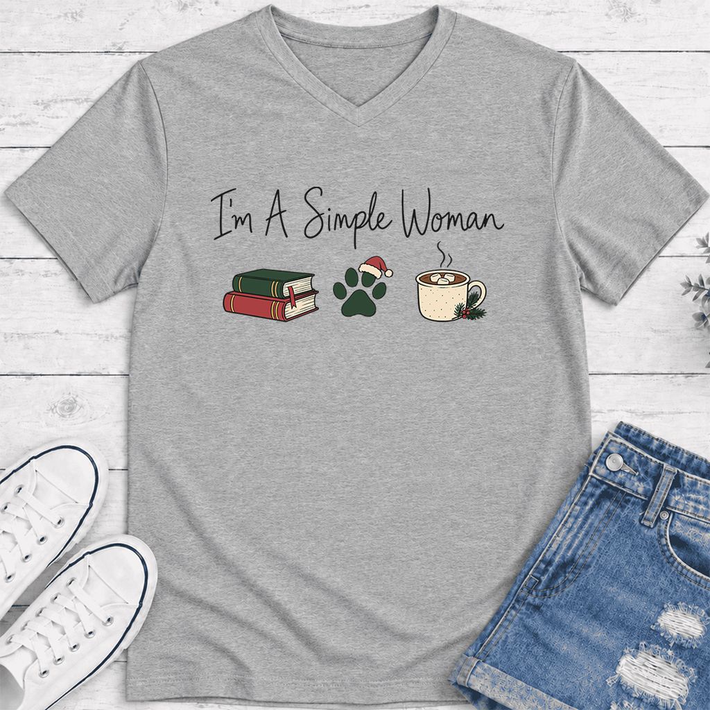 I'm A Simple Woman Ultra-Soft V-Neck | Christmas Book Lover Gift Athletic Heather