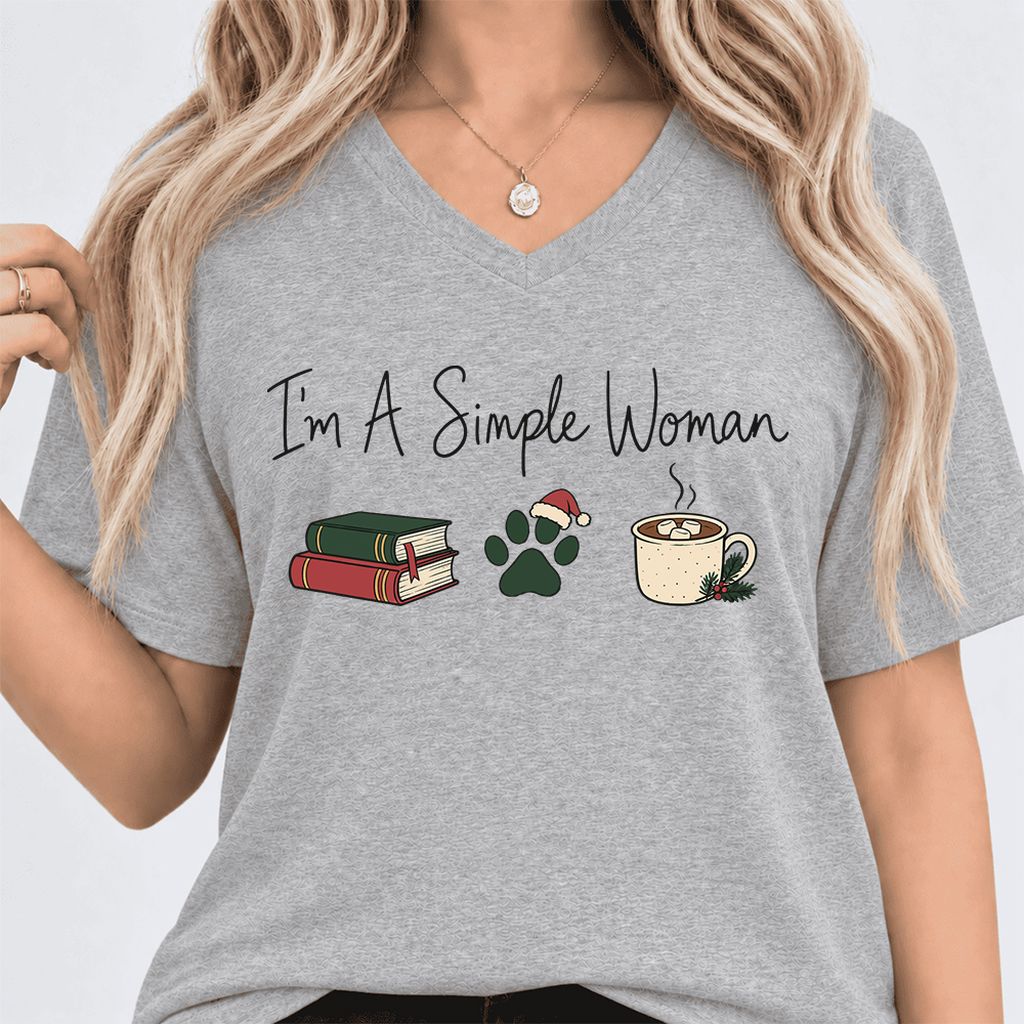I'm A Simple Woman Ultra-Soft V-Neck | Christmas Book Lover Gift Athletic Heather