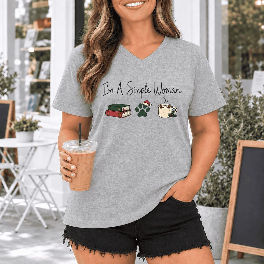 I'm A Simple Woman Ultra-Soft V-Neck | Christmas Book Lover Gift Athletic Heather