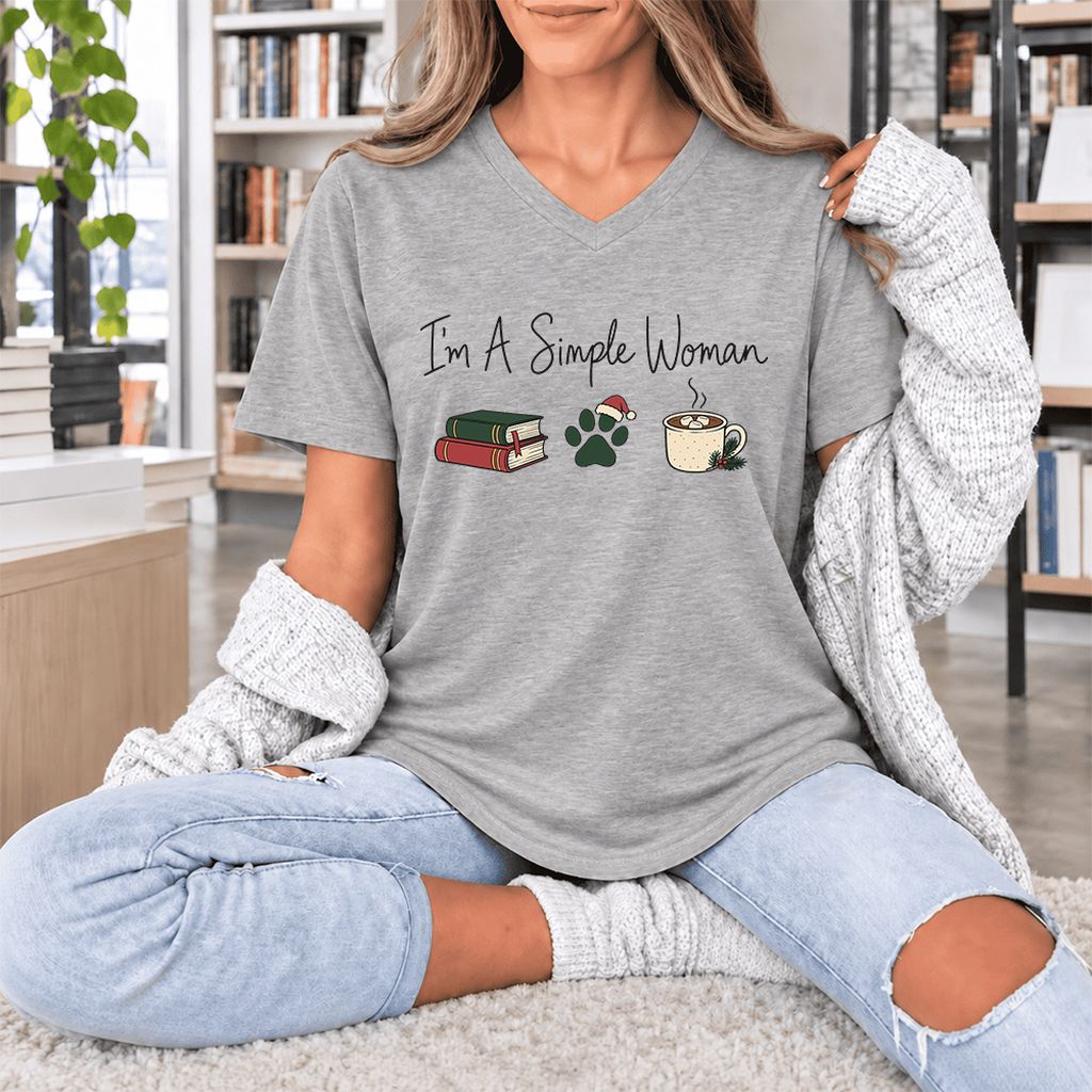 I'm A Simple Woman Ultra-Soft V-Neck | Christmas Book Lover Gift Athletic Heather