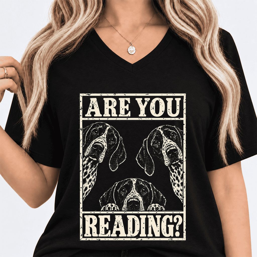 ARE YOU READING German Shorthaired Pointer Ultra-Soft V-Neck | Dog Mom Gift Black