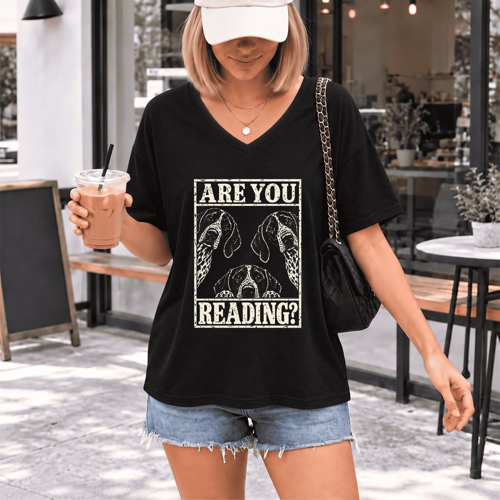 ARE YOU READING German Shorthaired Pointer Ultra-Soft V-Neck | Dog Mom Gift Black