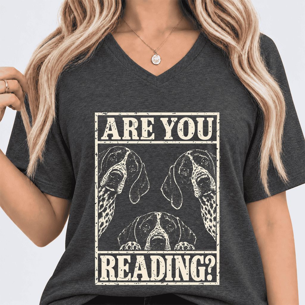 ARE YOU READING German Shorthaired Pointer Ultra-Soft V-Neck | Dog Mom Gift Dark Grey Heather