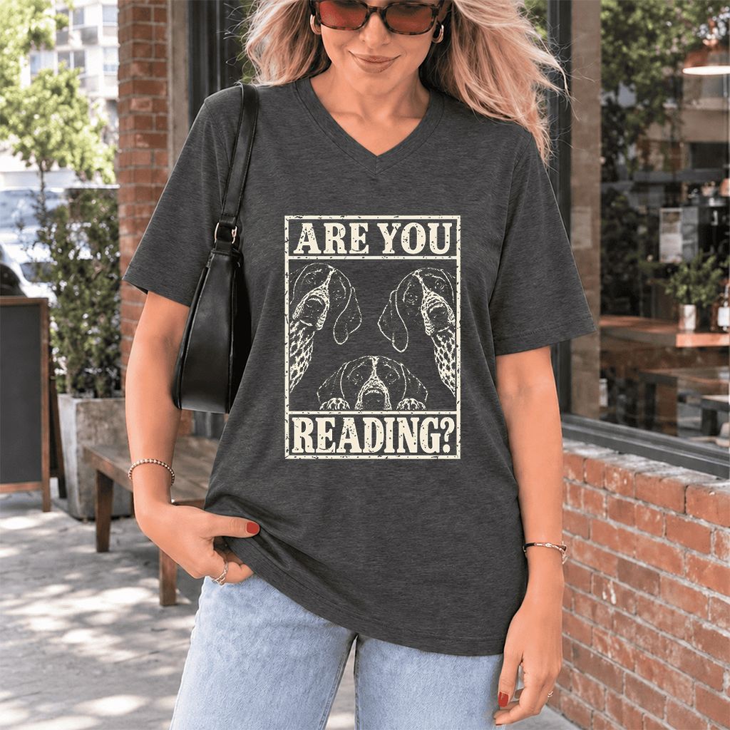 ARE YOU READING German Shorthaired Pointer Ultra-Soft V-Neck | Dog Mom Gift Dark Grey Heather