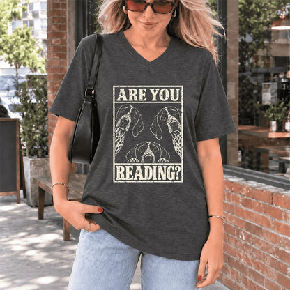 ARE YOU READING German Shorthaired Pointer Ultra-Soft V-Neck | Dog Mom Gift Dark Grey Heather