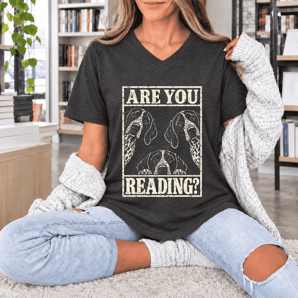 ARE YOU READING German Shorthaired Pointer Ultra-Soft V-Neck | Dog Mom Gift Dark Grey Heather