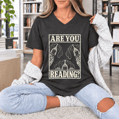 ARE YOU READING German Shorthaired Pointer Ultra-Soft V-Neck | Dog Mom Gift Dark Grey Heather