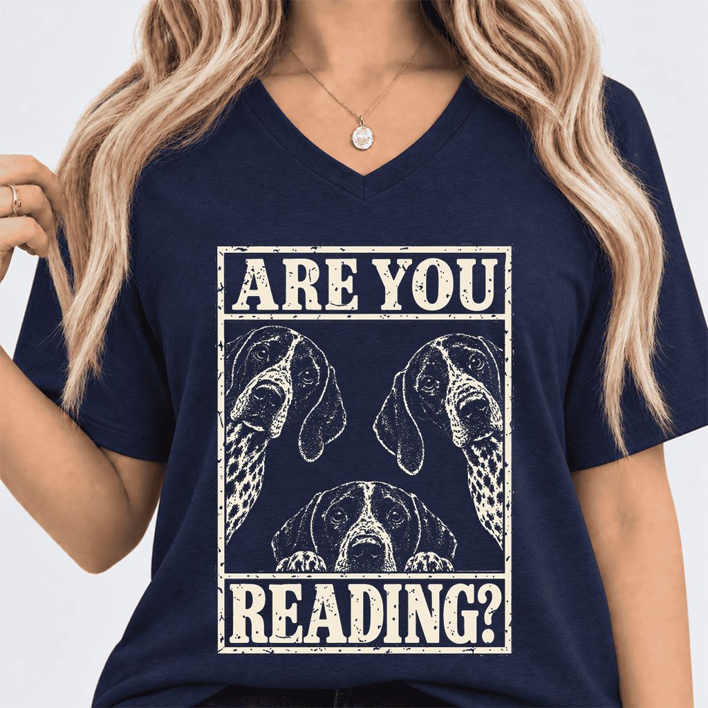 ARE YOU READING German Shorthaired Pointer Ultra-Soft V-Neck | Dog Mom Gift Navy