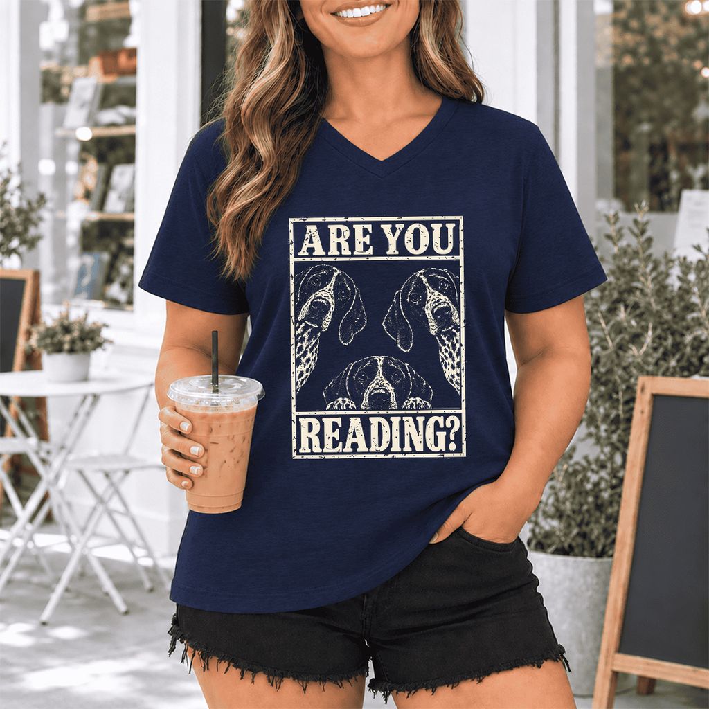 ARE YOU READING German Shorthaired Pointer Ultra-Soft V-Neck | Dog Mom Gift Navy