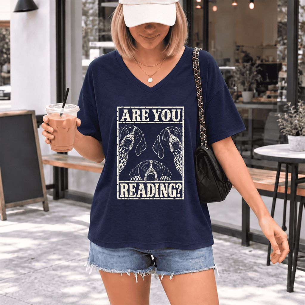 ARE YOU READING German Shorthaired Pointer Ultra-Soft V-Neck | Dog Mom Gift Navy