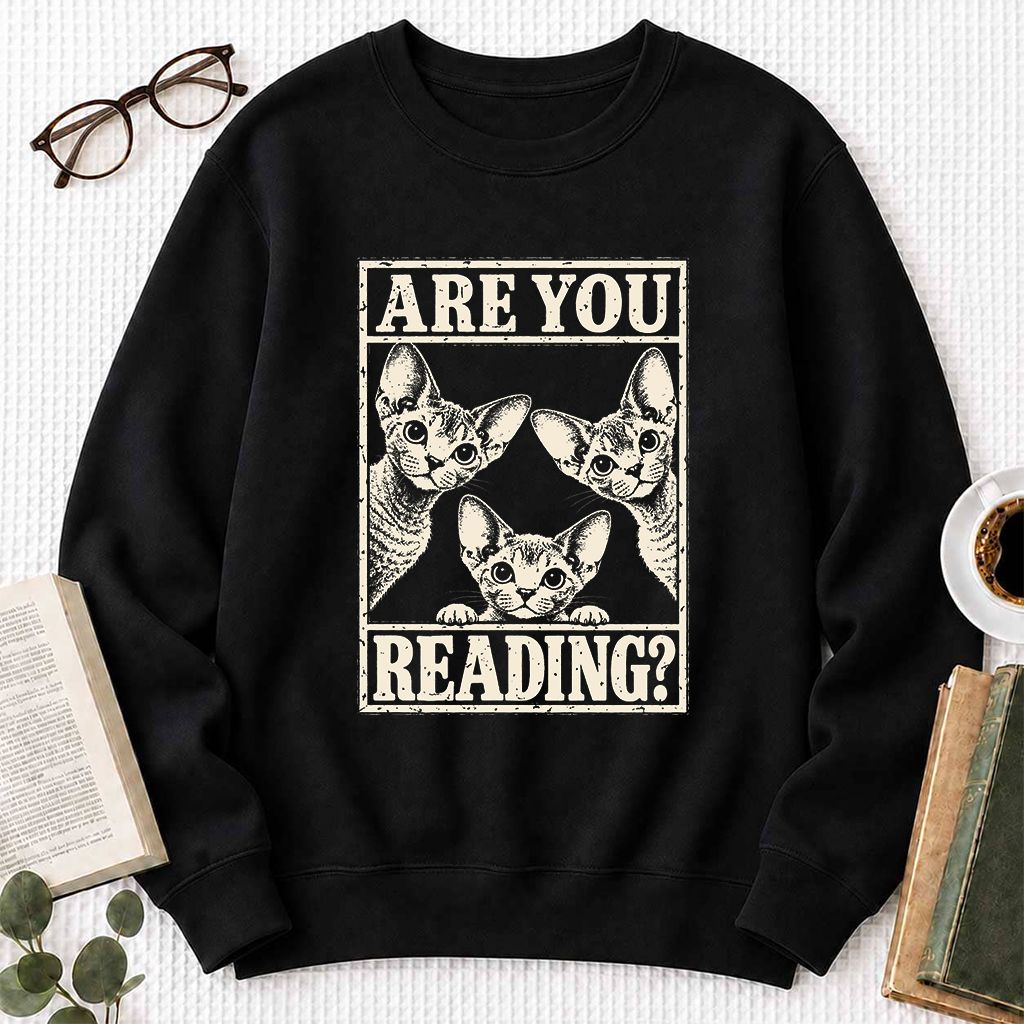 ARE YOU READING Devon Rex Printed Sweatshirt | Cat Lover Gift Black