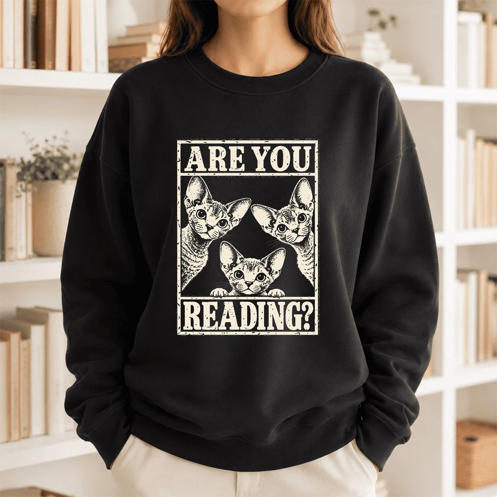 ARE YOU READING Devon Rex Printed Sweatshirt | Cat Lover Gift Black