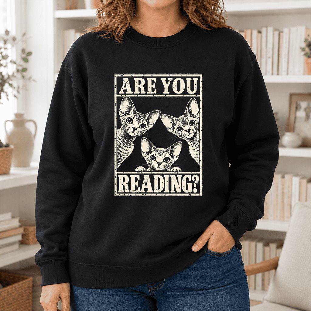 ARE YOU READING Devon Rex Printed Sweatshirt | Cat Lover Gift Black