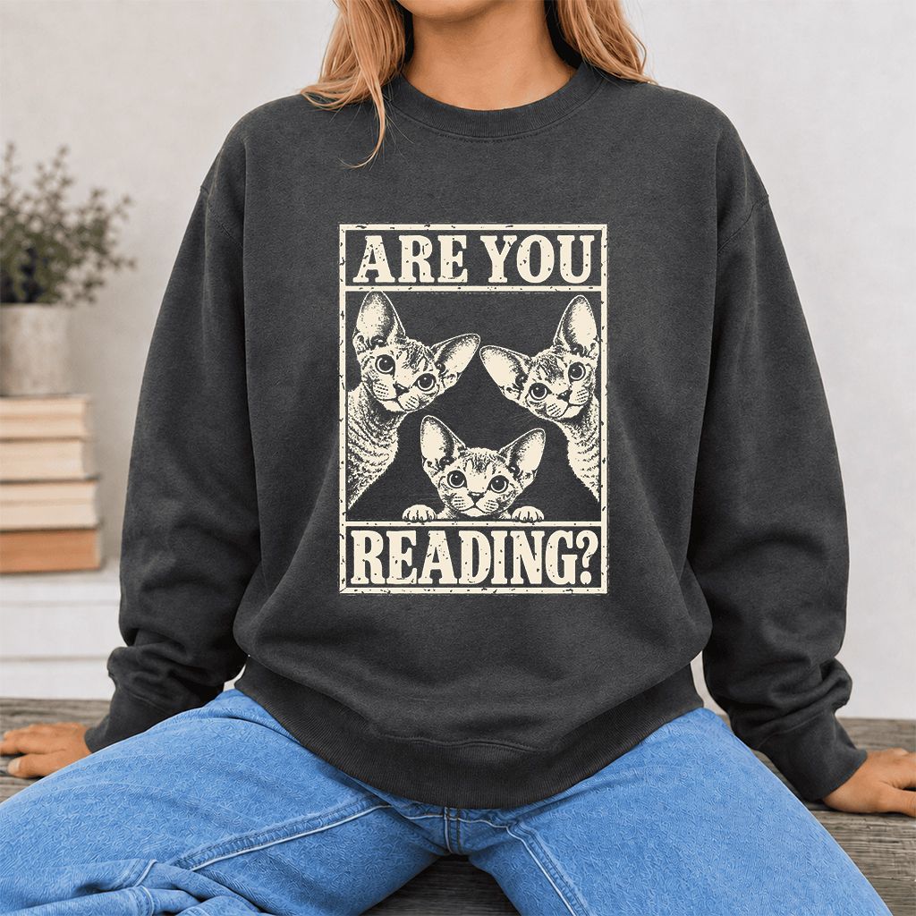 ARE YOU READING Devon Rex Printed Sweatshirt | Cat Lover Gift Dark Heather