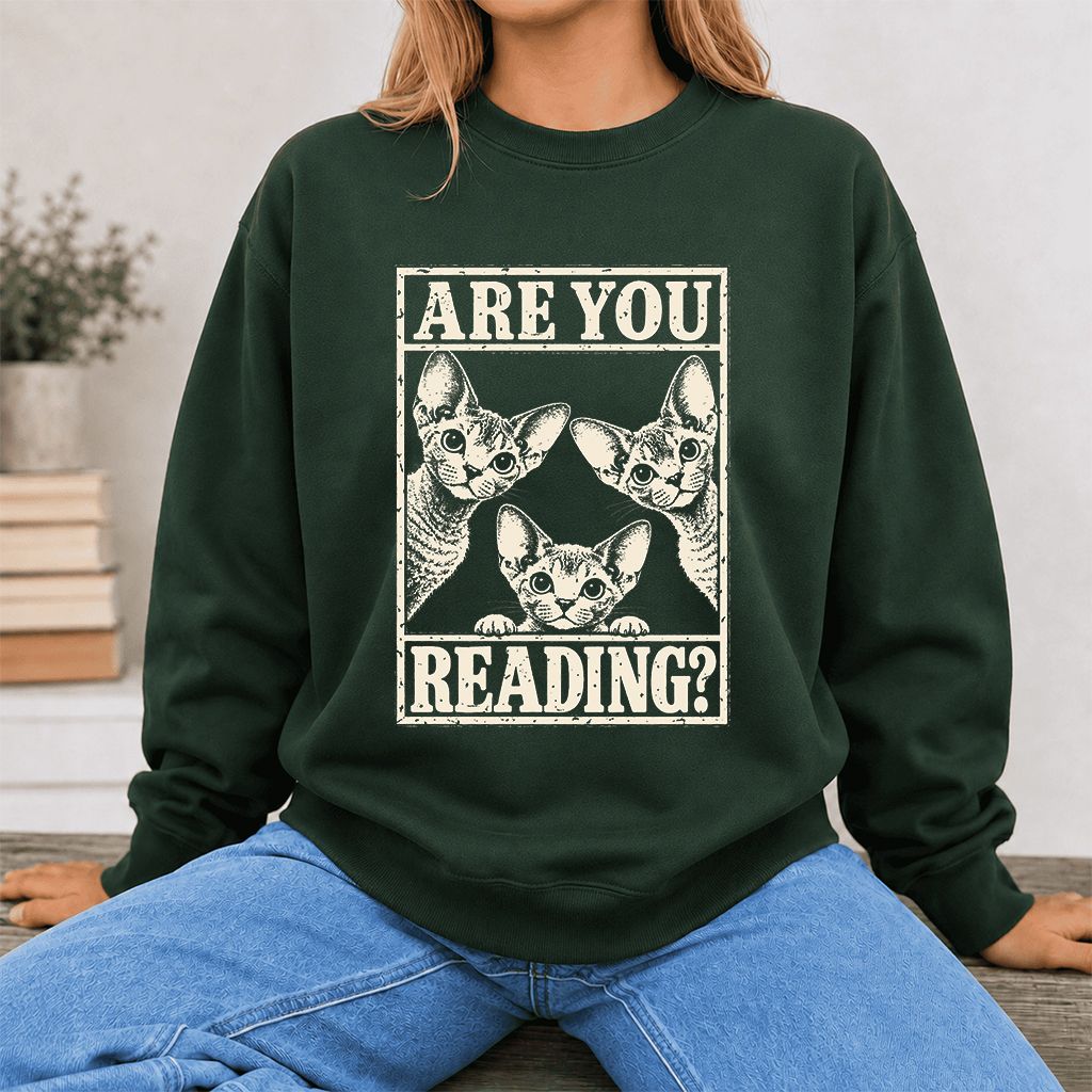 ARE YOU READING Devon Rex Printed Sweatshirt | Cat Lover Gift Forest Green