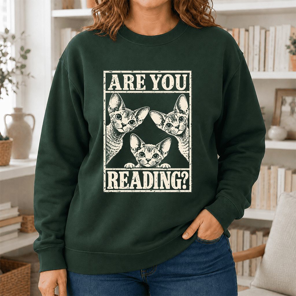 ARE YOU READING Devon Rex Printed Sweatshirt | Cat Lover Gift Forest Green