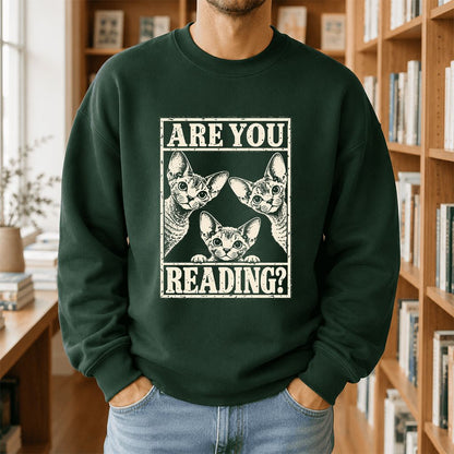 ARE YOU READING Devon Rex Printed Sweatshirt | Cat Lover Gift Forest Green
